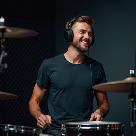 musician playing drums on drum set and smiling at camera in studioの素材