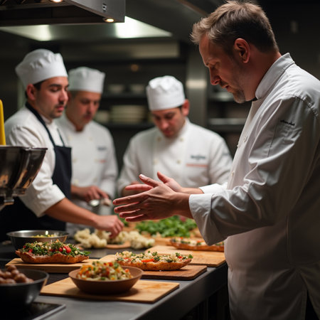 Group of professional chefs preparing and decorating food in kitchen of hotel or restaurantの素材