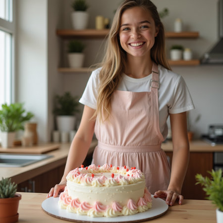 Smiling young woman holding a birthday cake in the kitchen at homeの素材