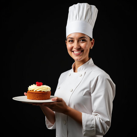 Portrait of a smiling female chef holding a cake on a black backgroundの素材