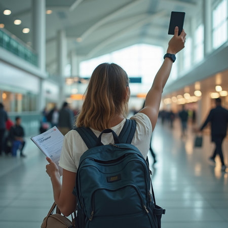 Back view of young female tourist taking selfie photo with mobile phone at airportの素材