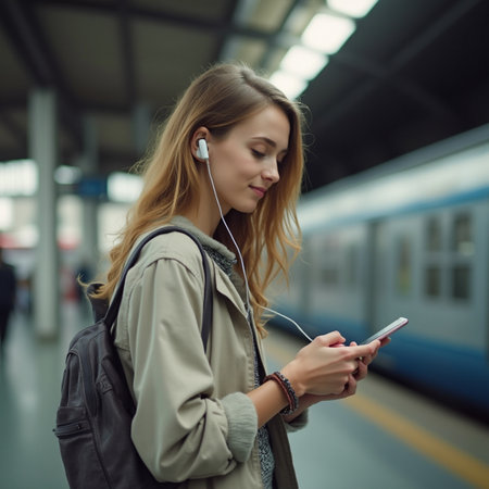 Young woman listening to music with headphones and smartphone at the train stationの素材