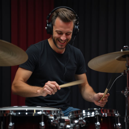 Portrait of young man playing drums and singing in recording studio.の素材