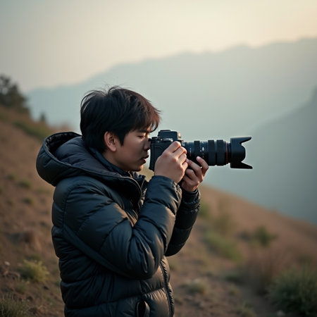 Young Asian photographer taking a picture on the top of the mountain.の素材