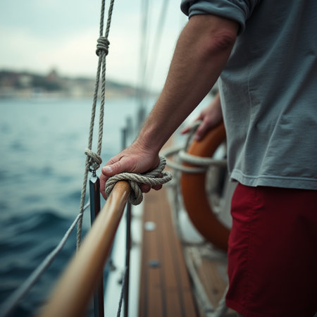 Closeup of a man's hand pulling a rope on a sailboatの素材