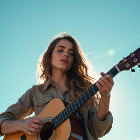 portrait of young woman playing acoustic guitar on blue sky background.の素材