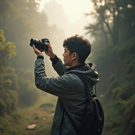 young asian photographer taking picture with digital camera in the misty forestの素材