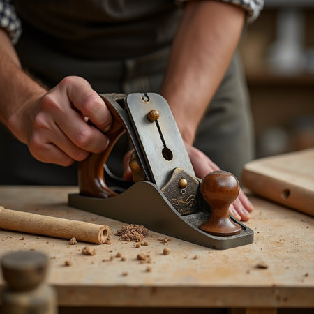 Close-up of a carpenter working with a jointer.の素材