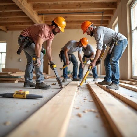 Group of carpenters working on a wooden floor at a construction siteの素材