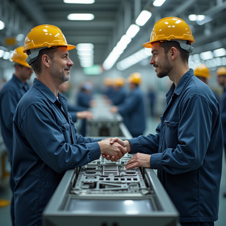 engineer and factory worker shaking hands in the factory, teamwork conceptの素材
