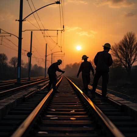 Silhouette of workers on railway tracks at sunset. Selective focusの素材