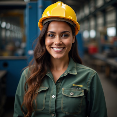Portrait of happy young female worker in hardhat standing in factoryの素材