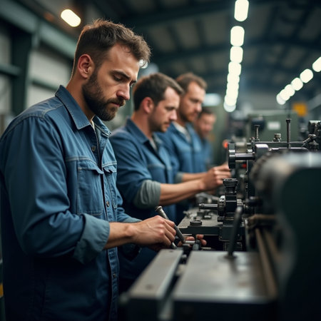 Group of factory workers working on lathe machine in factory. Selective focus.の素材