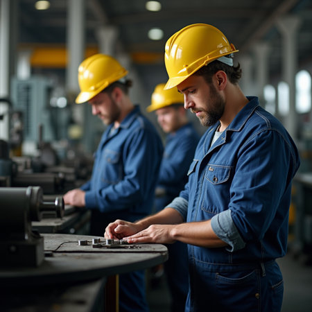 Group of factory workers working together in a factory. Industry and engineering concept.の素材