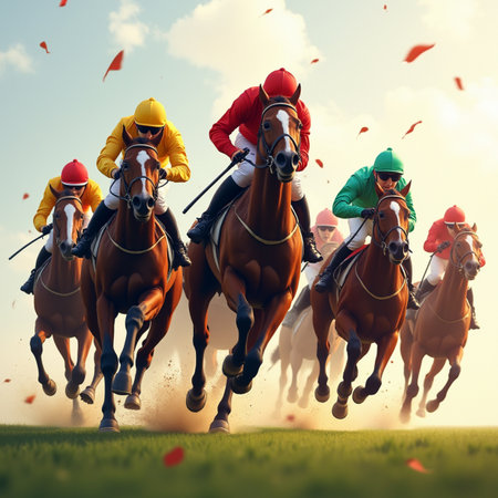 Group of jockeys riding horses on the race track at sunsetの素材