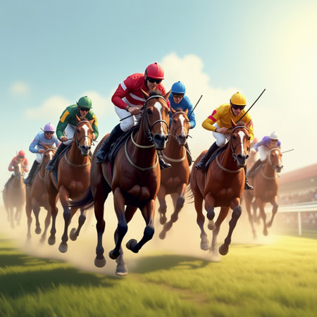 Group of jockeys racing on a race track. Horse race.の素材