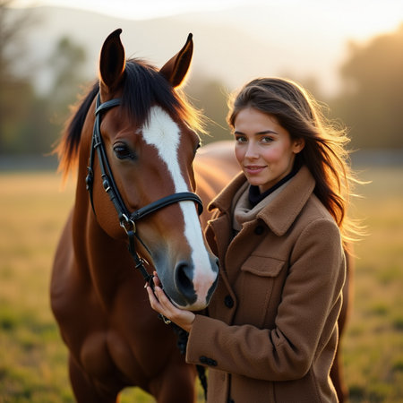 Beautiful young woman with a horse in the field at sunset.の素材