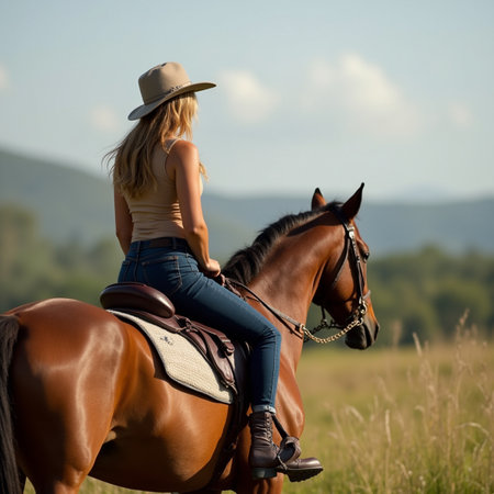 Beautiful young woman riding a horse in the field on a sunny dayの素材