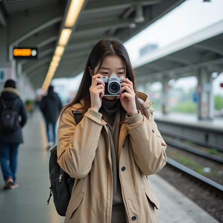 Young Asian woman traveler taking photo with camera in train station.の素材
