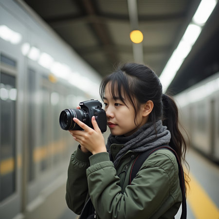young asian woman traveler holding camera and taking photo at train stationの素材