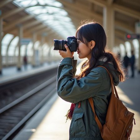 Beautiful asian woman traveler taking photo with camera at train stationの素材