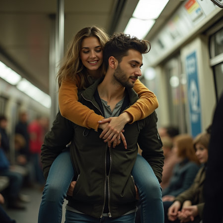 Young couple in a subway train. Couple in love on the train.の素材
