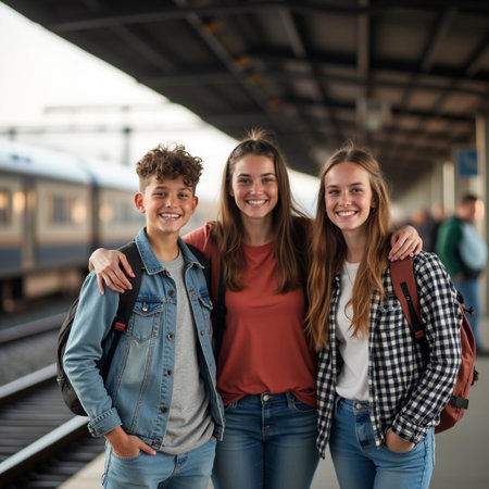 Portrait of smiling teenage girls and boys with backpack at train stationの素材