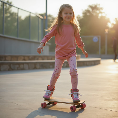 Cute little girl riding a skateboard in the park at sunsetの素材