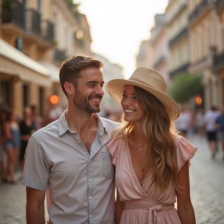 Portrait of a happy couple on vacation in Europe. Man and woman walking in the city.の素材