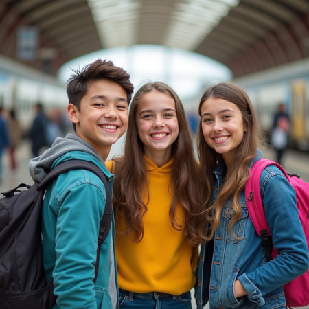 group of happy teenage students at the train station (color toned image)の素材