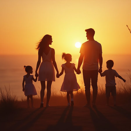 happy family with two kids walking on beach at beautiful summer sunset togetherの素材