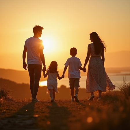 happy family with two kids walking in the park at beautiful sunset backgroundの素材