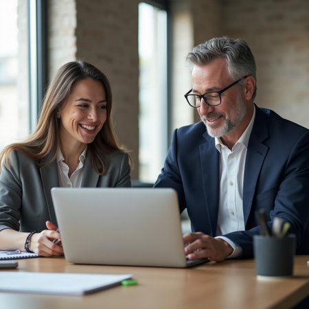 Business people working together on laptop in office. Businessman and businesswoman working together.の素材