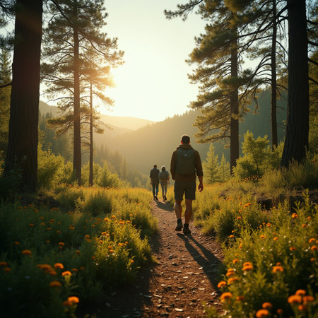 Man and woman hiking at sunset in Sequoia National Park, California, USAの素材