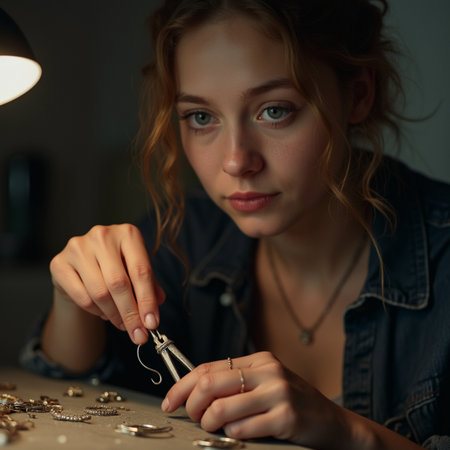 Close up portrait of young woman working with jewelry at table in workshopの素材