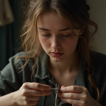 Beautiful young woman with long curly hair and brown eyes, in a denim jacket, cuts her fingernails with scissors.の素材