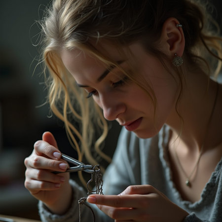 Close up portrait of a beautiful young caucasian woman knitting at homeの素材