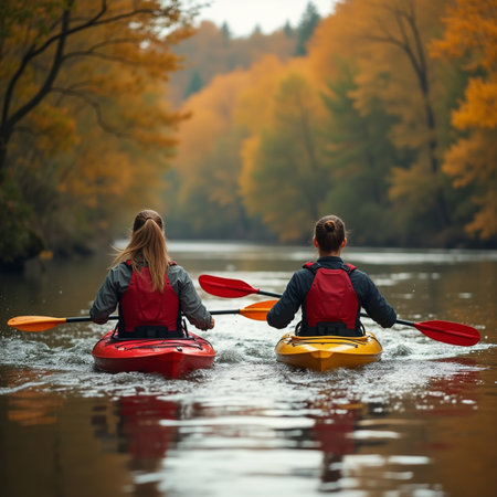 Couple kayaking on the autumn river. Man and woman paddling a kayak.の素材