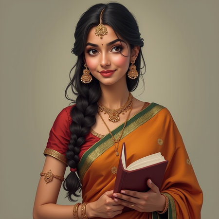 Beautiful Indian woman in saree reading a book and smilingの素材