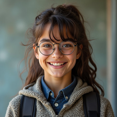 Portrait of a smiling young girl with eyeglasses looking at cameraの素材
