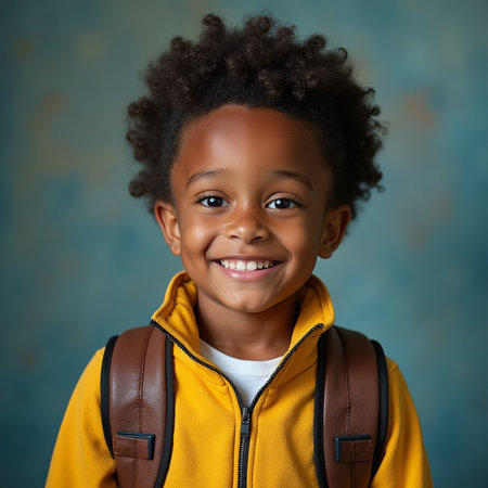 Portrait of a cute little African American schoolgirl with a backpack smiling at the cameraの素材