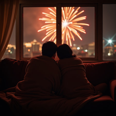 Couple sitting on a couch in front of a window watching fireworksの素材