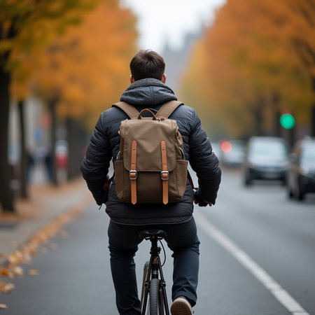 Back view of a young man with a backpack riding a bicycle on a city streetの素材