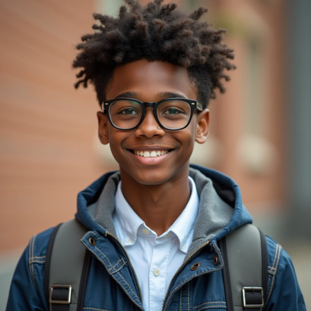 Portrait of a young African American student in eyeglassesの素材