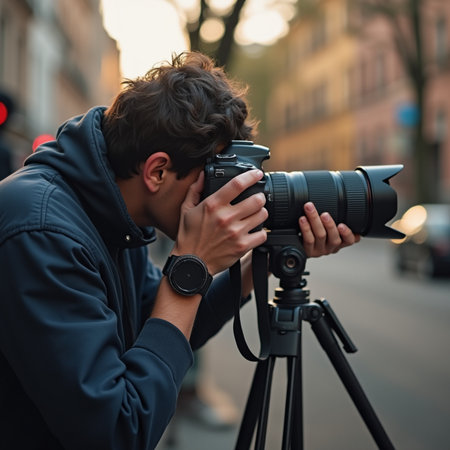 Photographer with a professional camera on a tripod in the city.の素材