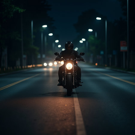 Silhouette of a motorcyclist on the road at nightの素材