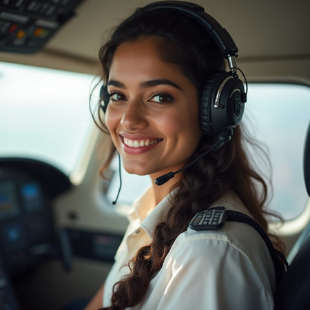 Portrait of a beautiful young woman in headphones driving a plane.の素材