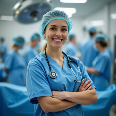 Portrait of a female surgeon standing with arms crossed in operating roomの素材