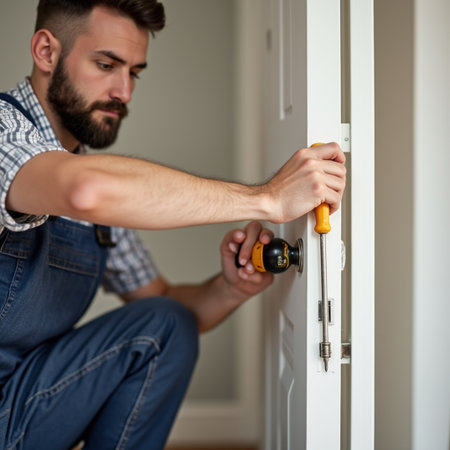Close-up of handyman using screwdriver while repairing door at homeの素材