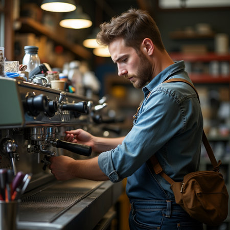 Barista using coffee machine in coffee shop. Portrait of young male barista at work.の素材